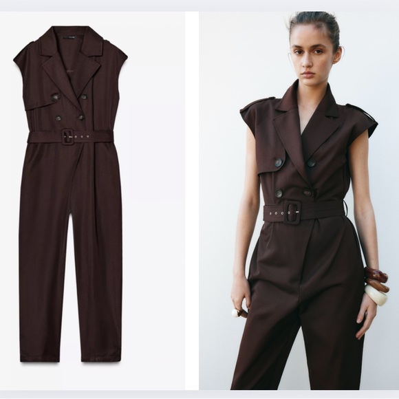 Pants - ZARA Brown Sleeveless Jumpsuit with belt - utility styling pockets - Large